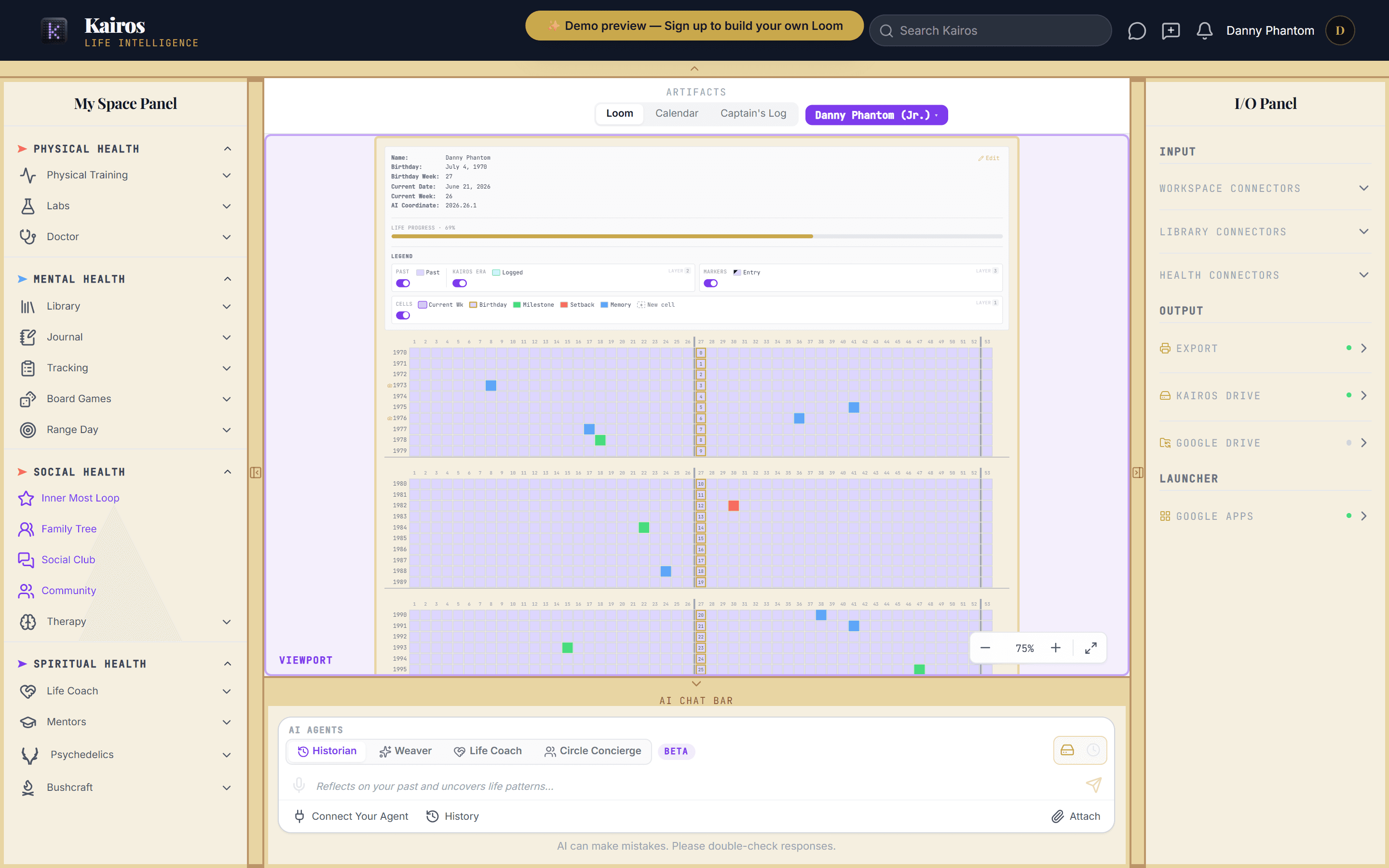 The Kairos dashboard — a life organized on one grid