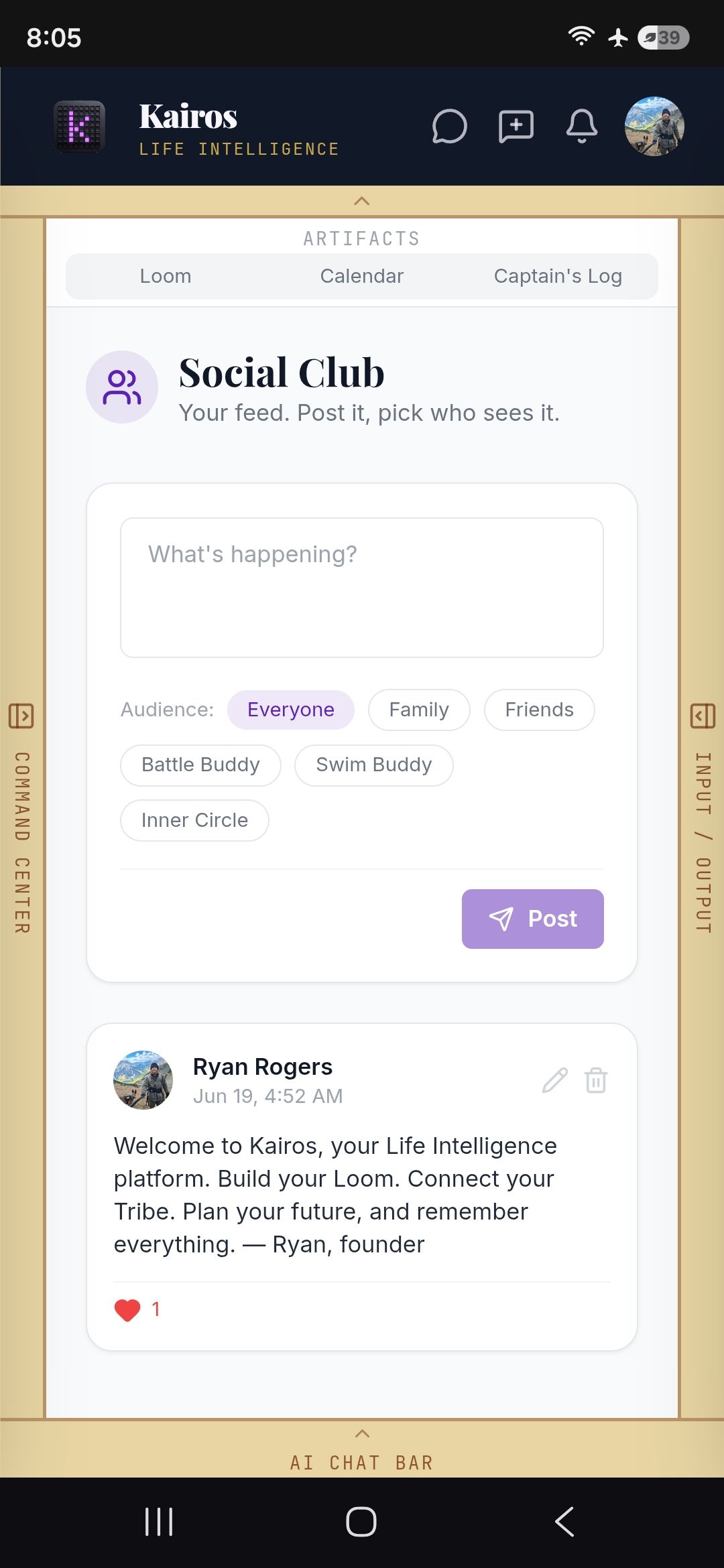 The Kairos Social Club feed on your phone — post and pick who sees it