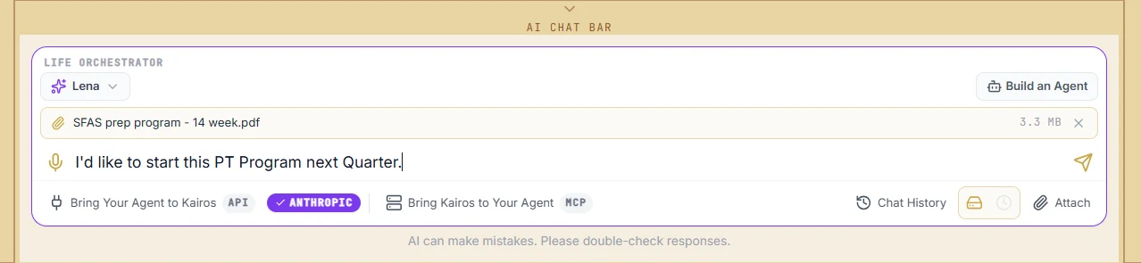 The Kairos chat bar with a PDF attached, 'SFAS prep program - 14 week.pdf', and the message 'I'd like to start this PT Program next Quarter.'